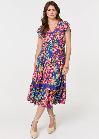 Izabel London Blue Ikat Print Lace Trim Midi Smock Dress