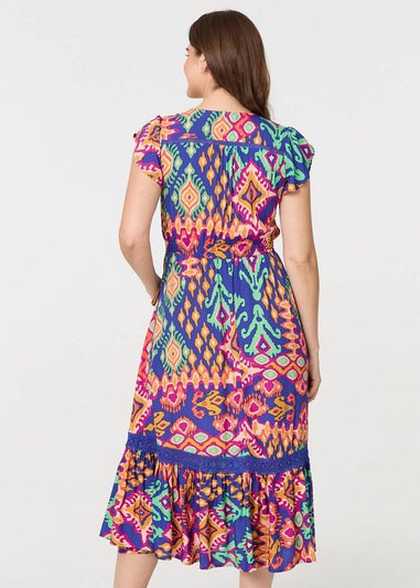 Izabel London Blue Ikat Print Lace Trim Midi Smock Dress