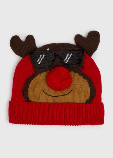 Kids Red Reindeer Christmas Beanie (3-13yrs)