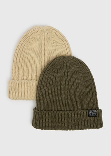 2 Pack Boys Khaki & Beige Beanie Set (3-13yrs)