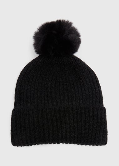 Black Boxed Pom Pom Beanie Hat