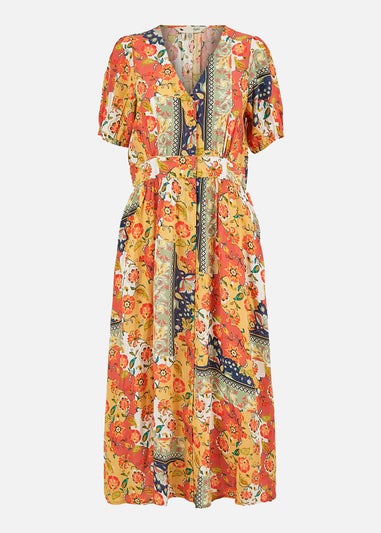 Yumi Multicolour Floral Patchwork Print Midi Shirt Dress