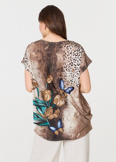 Izabel London Beige Printed Cap Sleeve Relaxed T-Shirt
