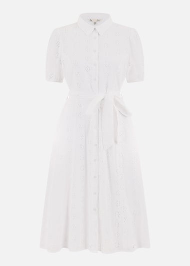 Yumi White Cotton Broderie Anglaise Midi Shirt Dress