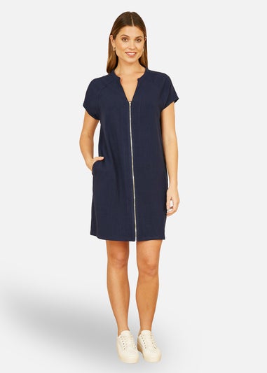 Yumi Navy Viscose Zip Tunic Dress