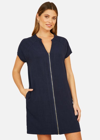 Yumi Navy Viscose Zip Tunic Dress