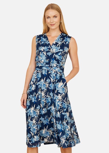 Yumi Blue Floral Mesh Wrap Skater Dress With Pockets