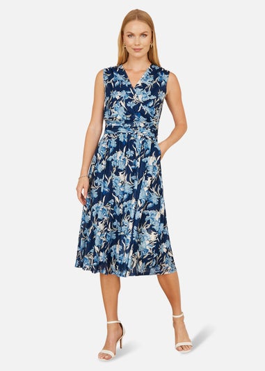 Yumi Blue Floral Mesh Wrap Skater Dress With Pockets