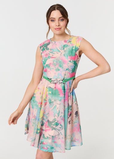 Izabel London Green Printed Sleeveless Short Skater Dress
