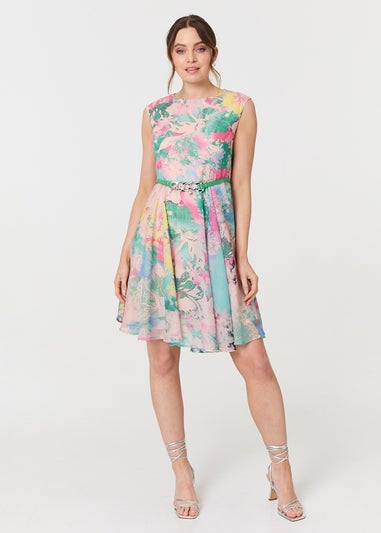 Izabel London Green Printed Sleeveless Short Skater Dress