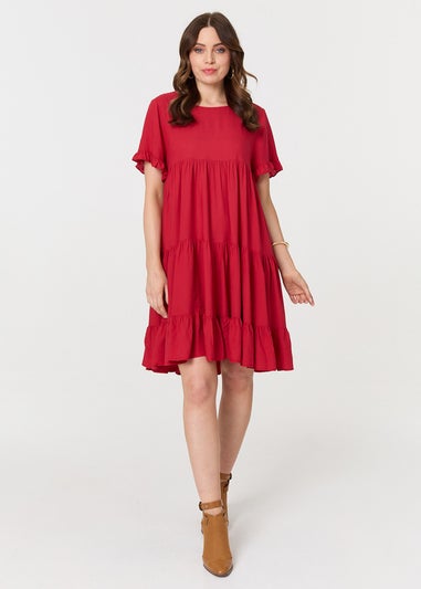 Izabel London Red Short Sleeve Frilled Short Smock Dress