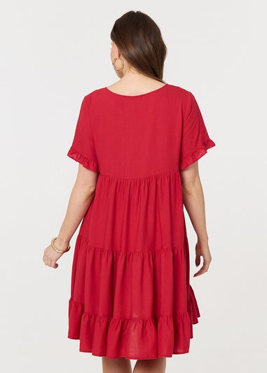Izabel London Red Short Sleeve Frilled Short Smock Dress