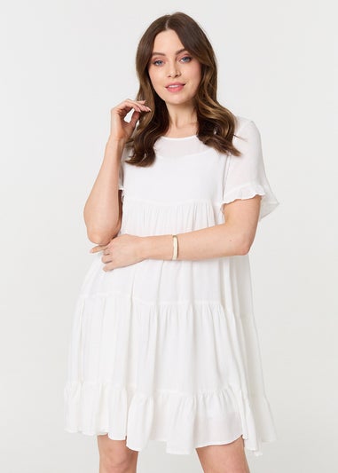 Izabel London White Short Sleeve Frilled Short Smock Dress