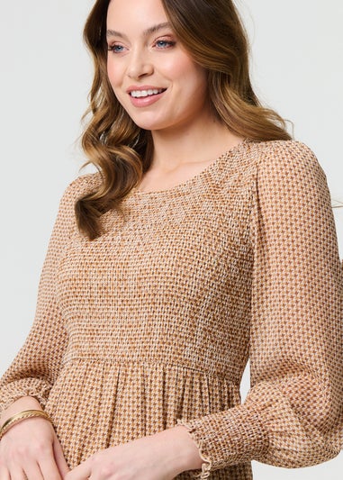 Izabel London Beige Dot Print Semi Sheer Tiered Midi Dress