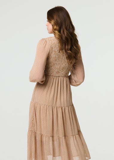 Izabel London Beige Dot Print Semi Sheer Tiered Midi Dress