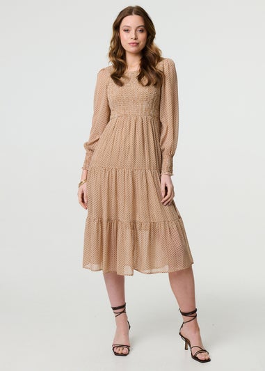 Izabel London Beige Dot Print Semi Sheer Tiered Midi Dress