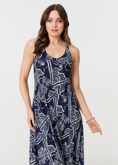 Izabel London Navy Abstract Sleeveless Swing Maxi Dress
