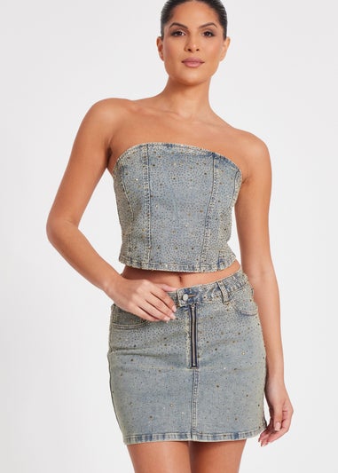 Quiz Blue Denim Embellished Bandeau Top