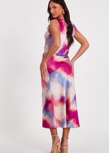 Quiz Pink Satin Tie Dye Midi Dress