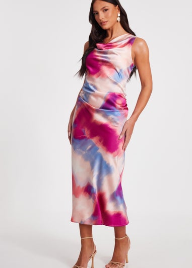 Quiz Pink Satin Tie Dye Midi Dress