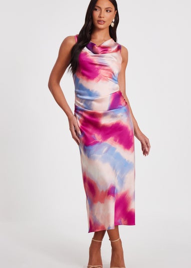 Quiz Pink Satin Tie Dye Midi Dress
