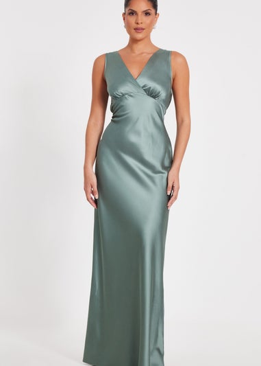 Quiz Sage Satin Front Wrap Maxi Dress