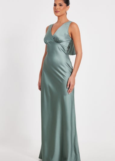 Quiz Sage Satin Front Wrap Maxi Dress