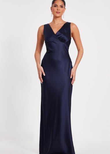 Quiz Navy Satin Front Wrap Maxi Dress