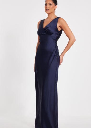 Quiz Navy Satin Front Wrap Maxi Dress
