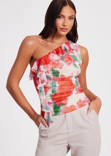 Quiz Red Printed Mesh Ruffle Top