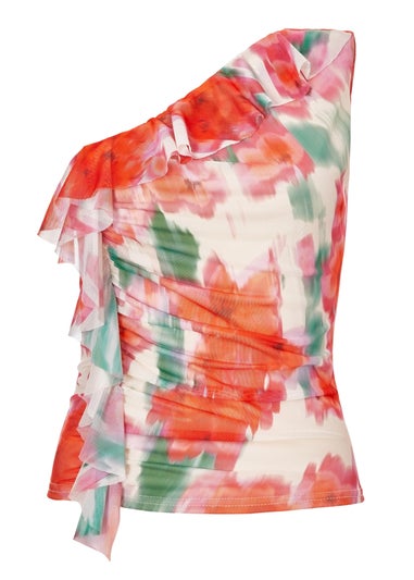Quiz Red Printed Mesh Ruffle Top