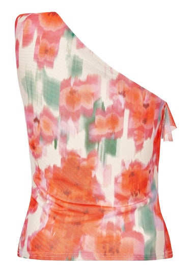 Quiz Red Printed Mesh Ruffle Top