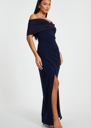 Quiz Navy Bardot Front Wrap Maxi Dress