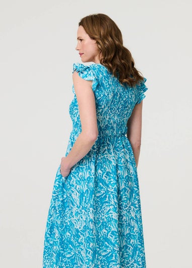 Izabel London Blue Floral Ruffled Cap Sleeve Midi Dress