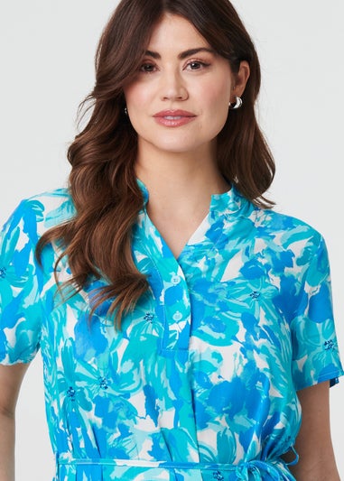 Izabel London Blue Printed Short Sleeve Tie Waist Midi Dress