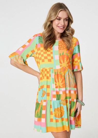 Izabel London Orange Tropical Tile Print Smock Dress