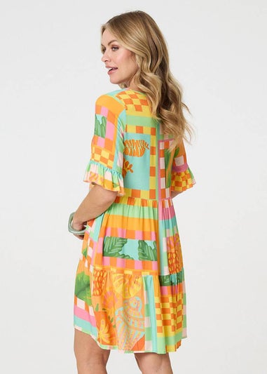 Izabel London Orange Tropical Tile Print Smock Dress