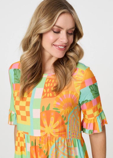 Izabel London Orange Tropical Tile Print Smock Dress