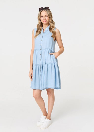 Izabel London Light Blue Sleeveless Tiered Shirt Midi Dress