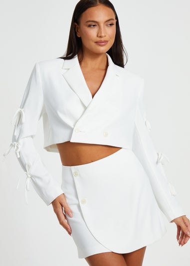 Quiz Cream Tie Sleeve Cropped Blazer