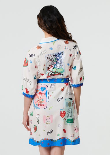 Izabel London White Abstract Tie Waist 3/4 Sleeve Shirt Midi Dress