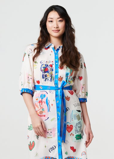 Izabel London White Abstract Tie Waist 3/4 Sleeve Shirt Midi Dress