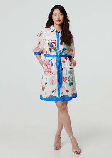 Izabel London White Abstract Tie Waist 3/4 Sleeve Shirt Midi Dress