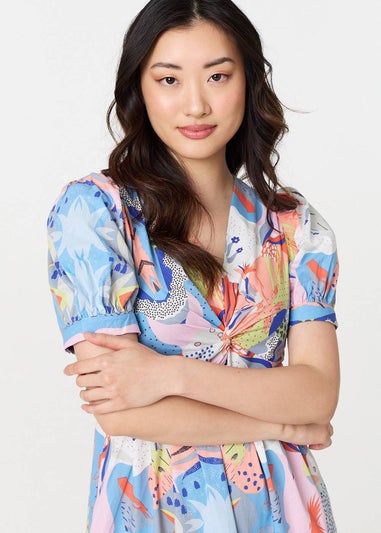 Izabel London Blue Abstract Ruched Front Empire Midi Dress