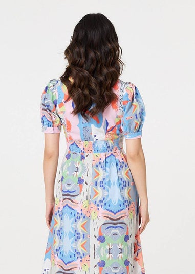 Izabel London Blue Abstract Ruched Front Empire Midi Dress