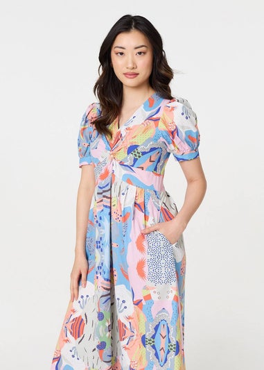 Izabel London Blue Abstract Ruched Front Empire Midi Dress