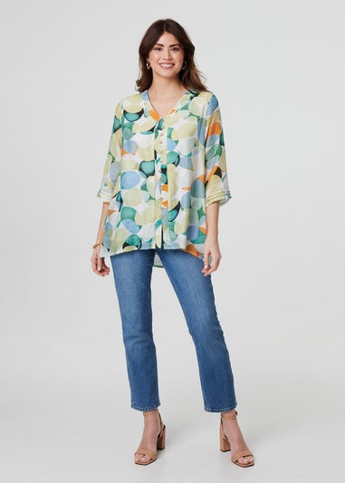 Izabel London Green Printed Curved Hem 3/4 Sleeve Blouse