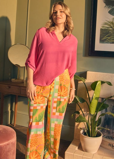 Izabel London Pink 3/4 Turn Up Sleeve Relaxed Blouse