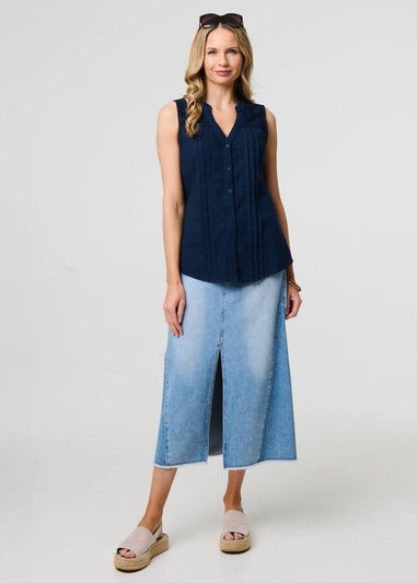 Izabel London Blue Lace Trim Sleeveless V Neck Blouse