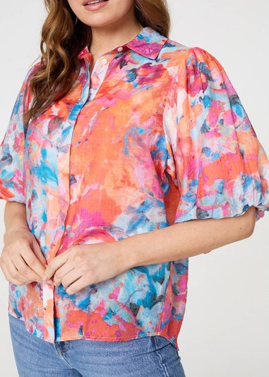 Izabel London Orange Abstract Print 1/2 Sleeve Shirt